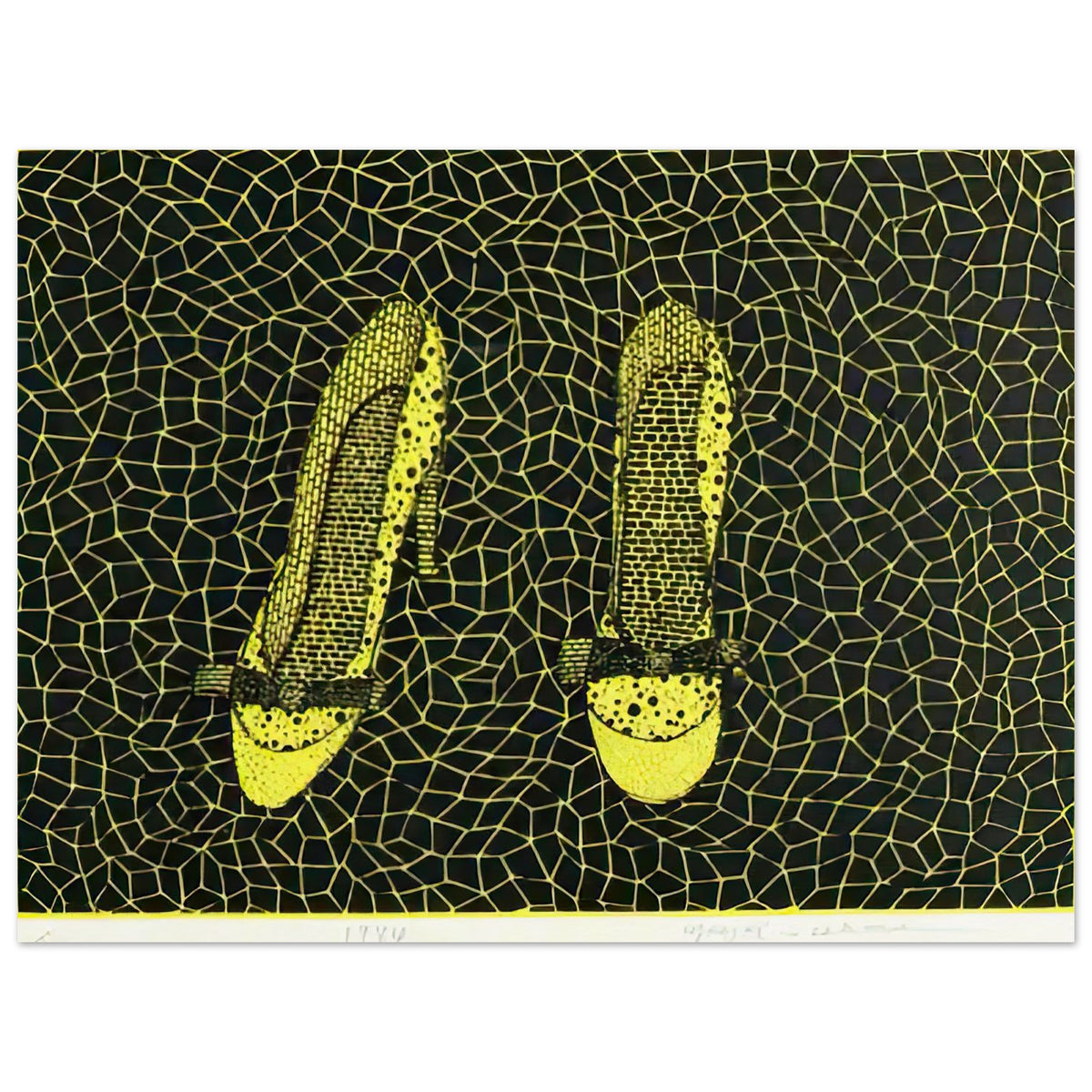 Yayoi Kusama poster — Shoes (3) turns a footwear object into an image about shape, balance and individuality, 15x20 cm / 6x8″