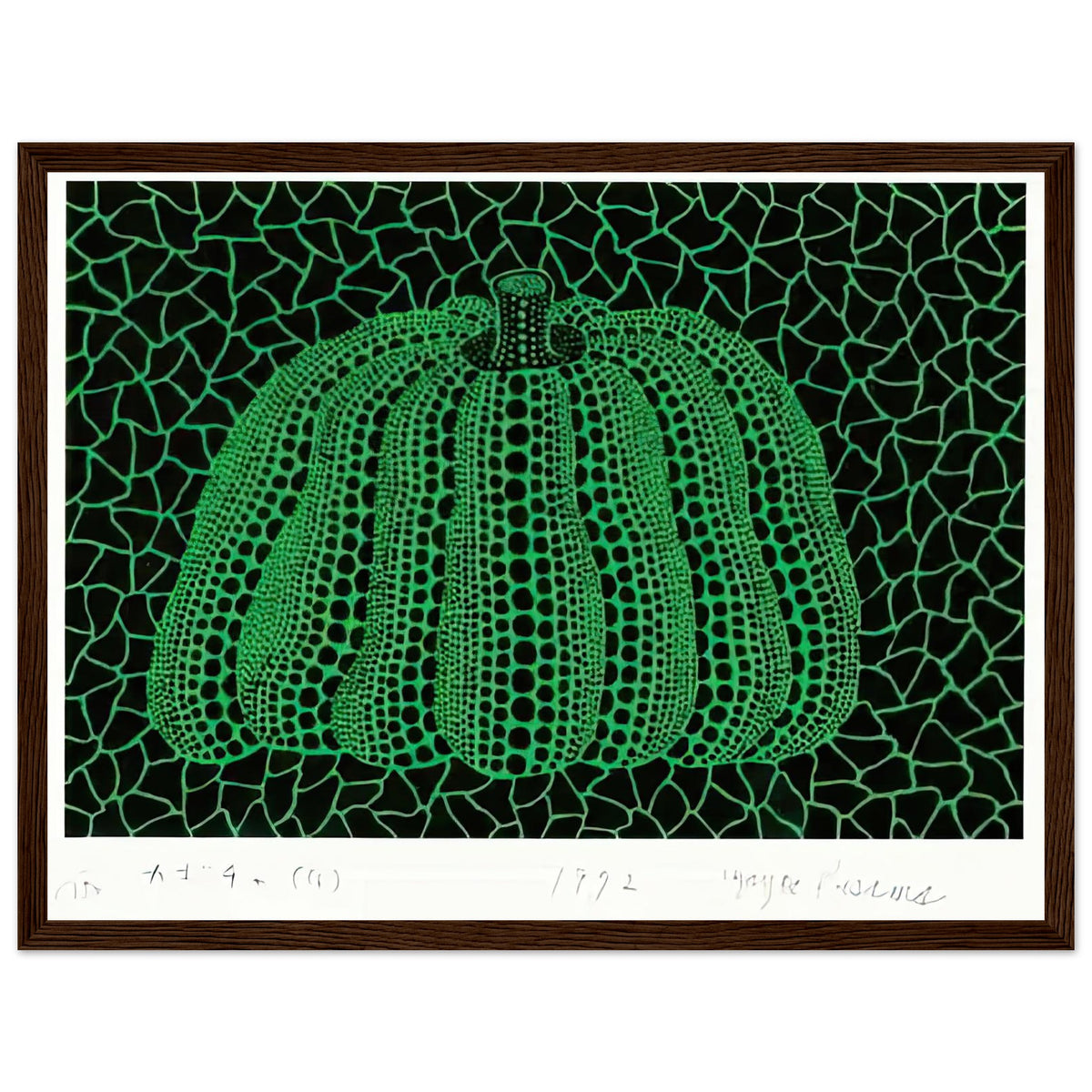 Yayoi Kusama framed print — Pumpkin (G) [Kusama 151] revisits Kusama’s best-known vegetable through the relationship between its distinctive form and repeating ornament, dark wood frame, 30x40 cm / 12x16″