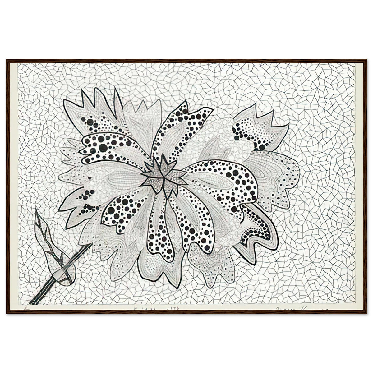 Yayoi Kusama framed print — Flower (A–B) places two designated botanical variations together in a single listing, dark wood frame, 70x100 cm / 28x40″