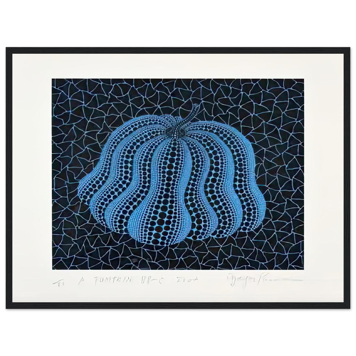 Yayoi Kusama framed print — Pumpkin (BB-C) [Kusama 330] revisits Kusama’s best-known vegetable through the relationship between its distinctive form and repeating ornament, black frame, 45x60 cm / 18x24″