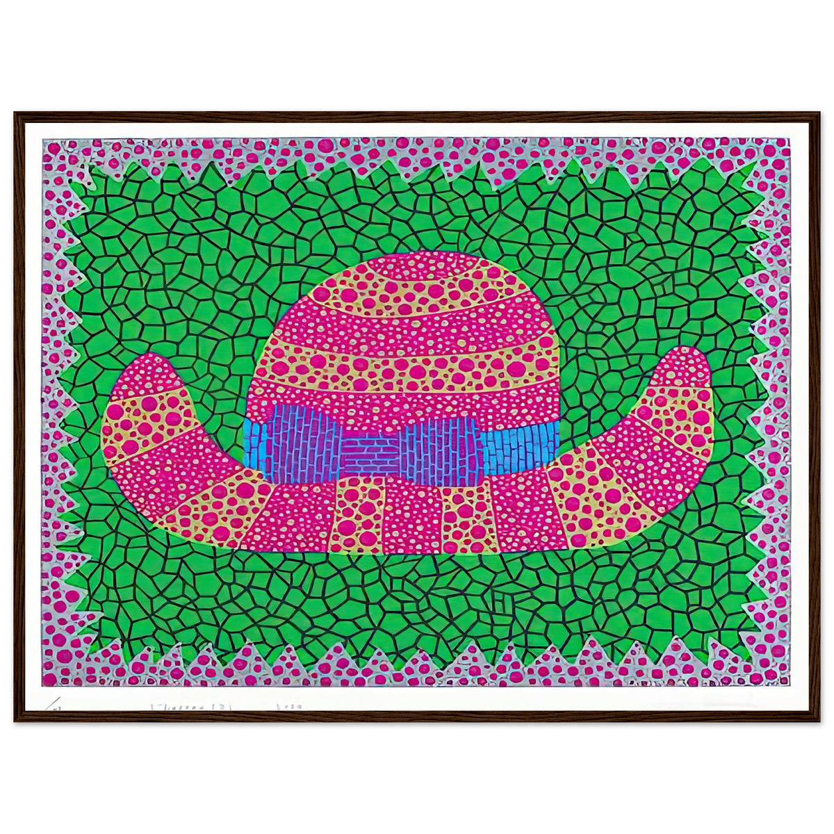 Yayoi Kusama framed print — Hat II turns an everyday hat into a subject for playful observation, dark wood frame, 60x80 cm / 24x32″