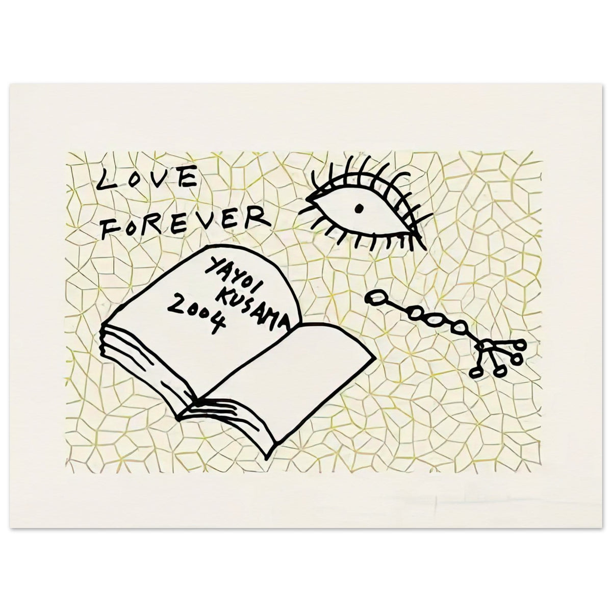 Yayoi Kusama poster — Book to Read at Night A places an illustrated book at the center of a strange, poetic visual world, 15x20 cm / 6x8″