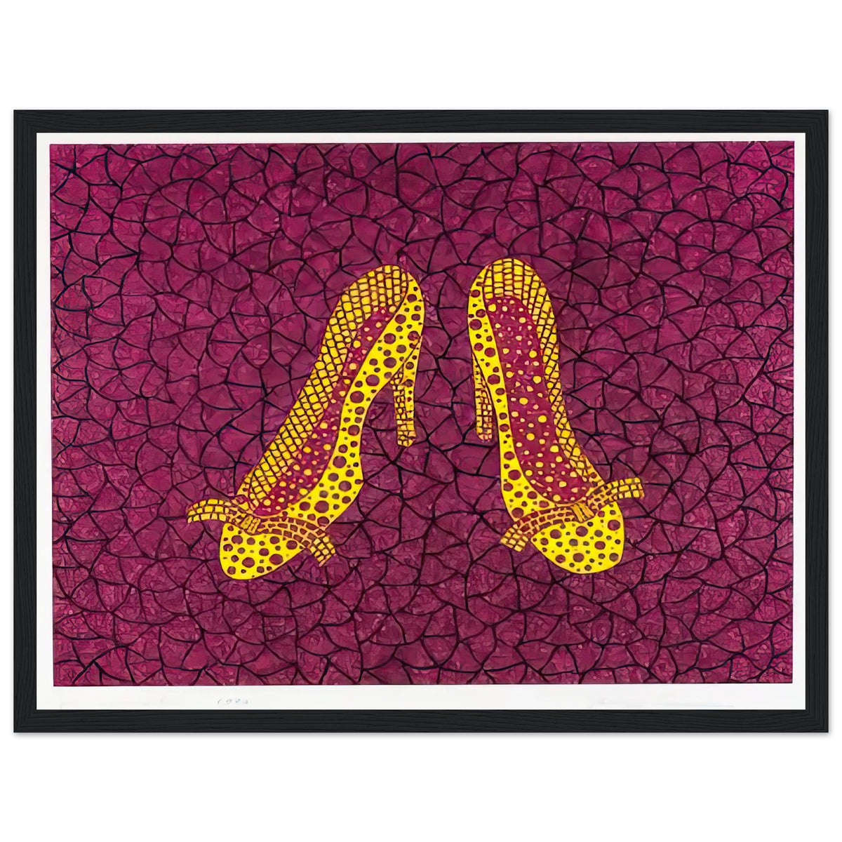 Yayoi Kusama framed print — High Heels (2) makes a fashion accessory the protagonist of a Kusama print, black frame, 30x40 cm / 12x16″