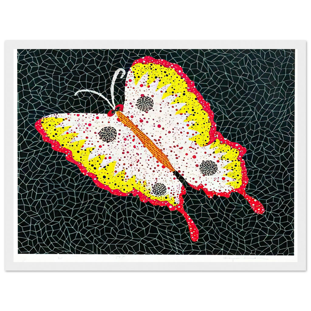 Yayoi Kusama framed print — Butterfly [Kusama 81] by Yayoi Kusama takes the lightness of a butterfly and gives it graphic intensity through pattern, white frame, 30x40 cm / 12x16″