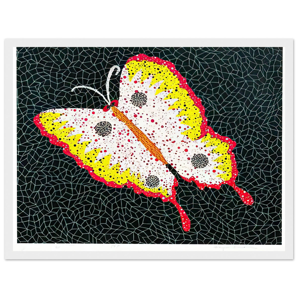 Yayoi Kusama framed print — Butterfly [Kusama 81] by Yayoi Kusama takes the lightness of a butterfly and gives it graphic intensity through pattern, white frame, 30x40 cm / 12x16″