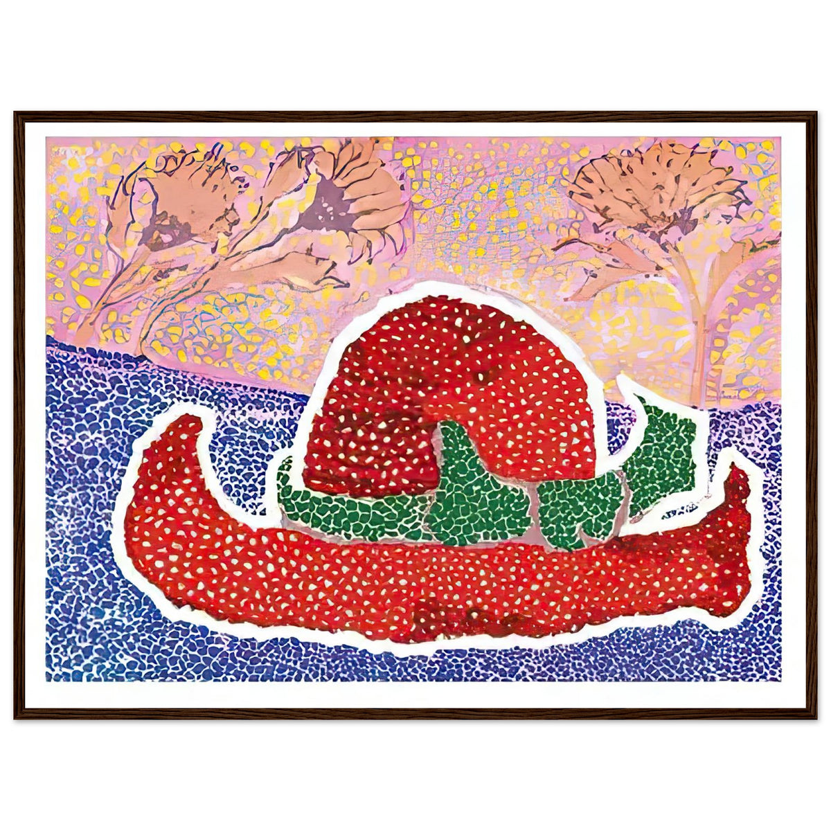 Yayoi Kusama framed print — Hat Left Behind in the Field turns an unattended accessory into a scene with an implied human presence, dark wood frame, 60x80 cm / 24x32″