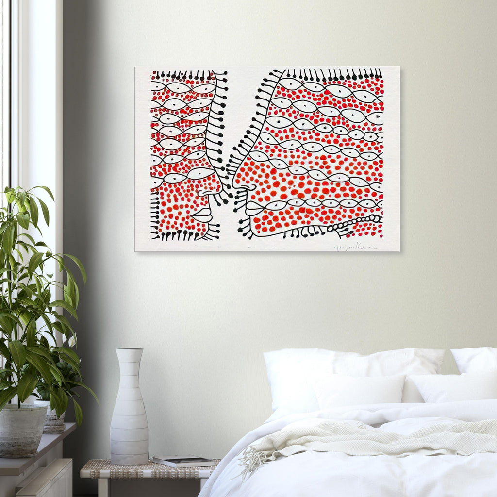 Yayoi Kusama canvas print — Beginning of Love suggests an intimate emotional moment expressed through Kusama’s recurring language of patterns and simple forms