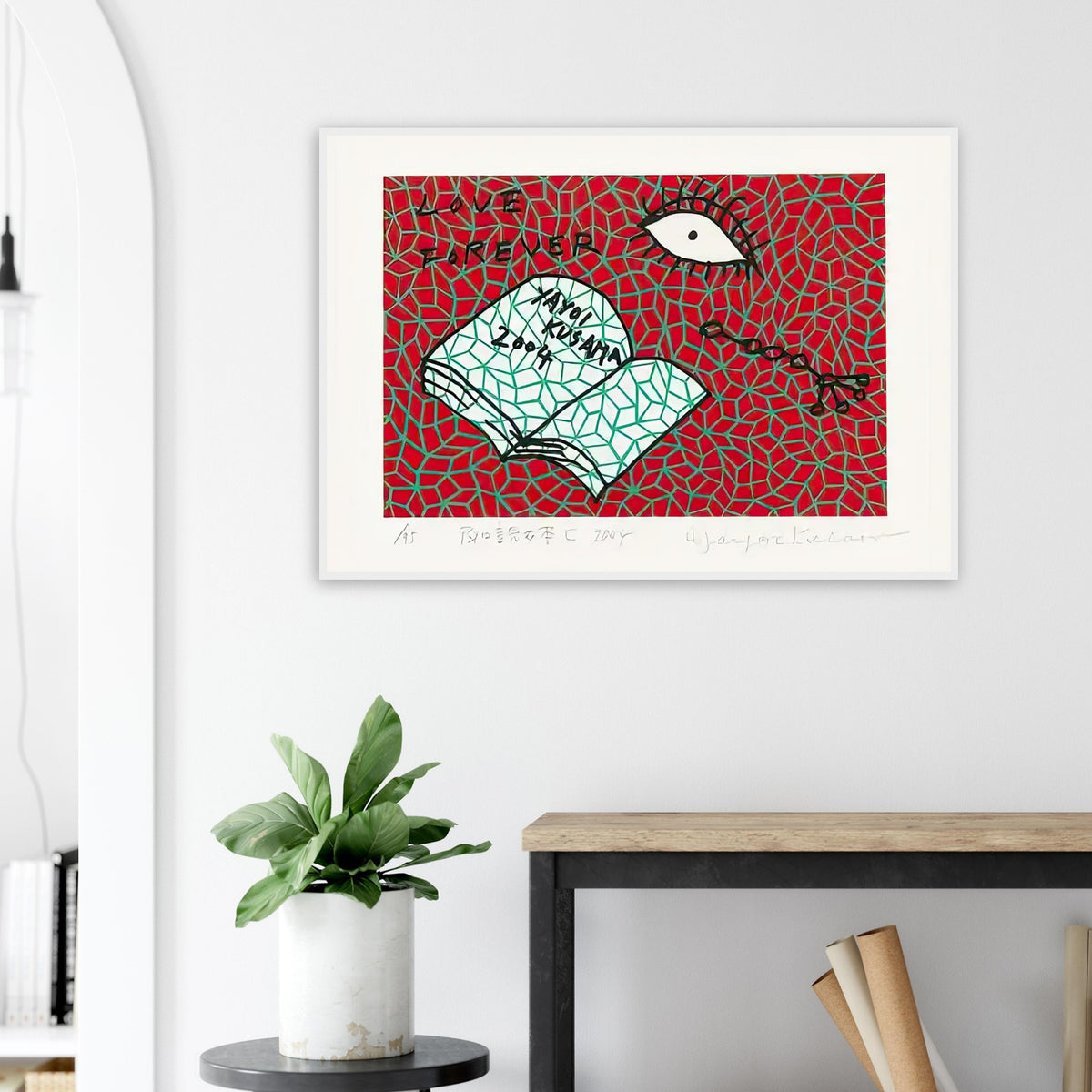 Yayoi Kusama framed print — Book to Read at Night C places an illustrated book at the center of a strange, poetic visual world