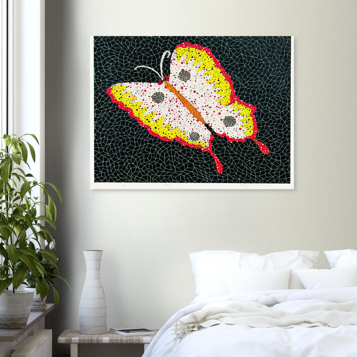Yayoi Kusama poster — Butterfly [Kusama 81] by Yayoi Kusama takes the lightness of a butterfly and gives it graphic intensity through pattern