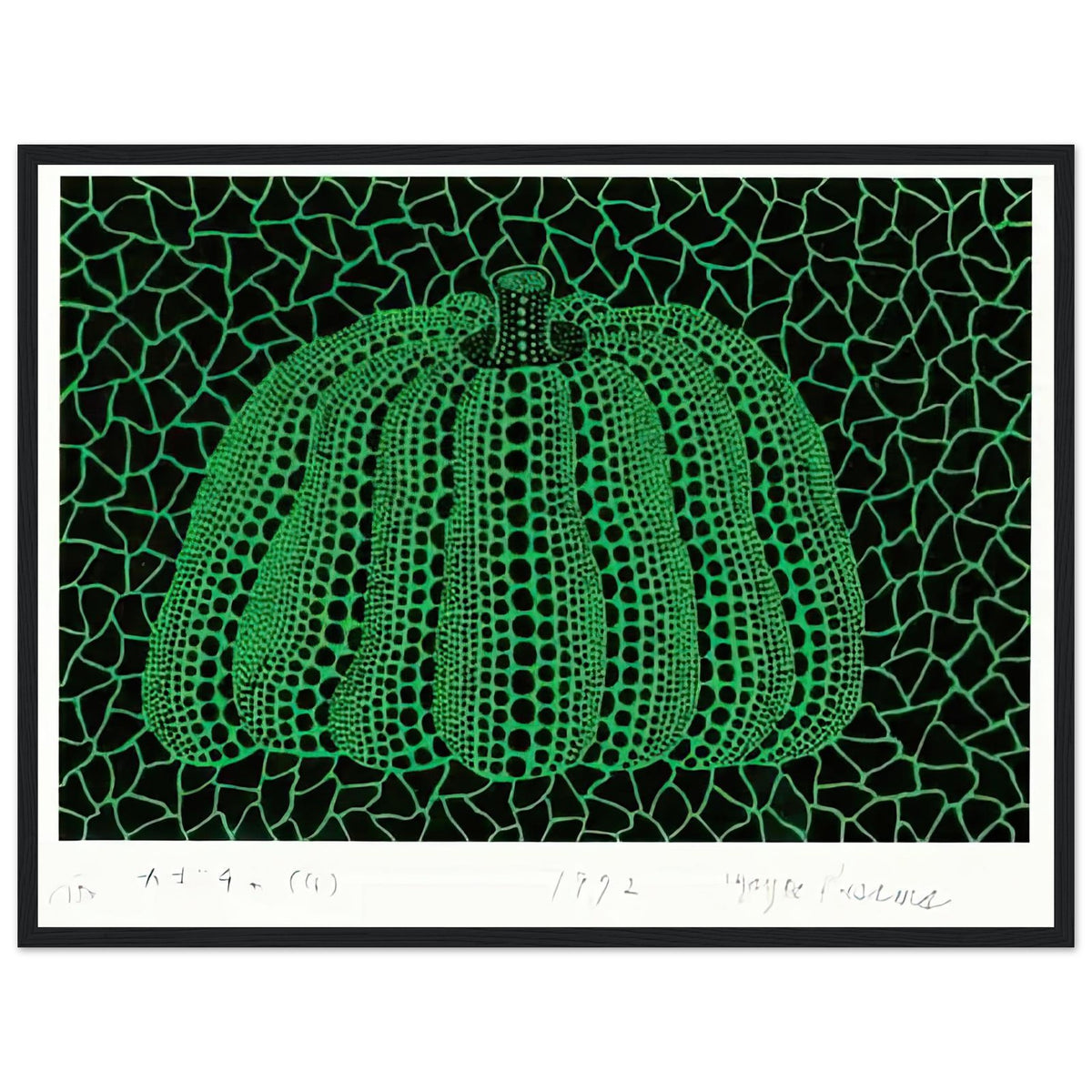 Yayoi Kusama framed print — Pumpkin (G) [Kusama 151] revisits Kusama’s best-known vegetable through the relationship between its distinctive form and repeating ornament, black frame, 45x60 cm / 18x24″
