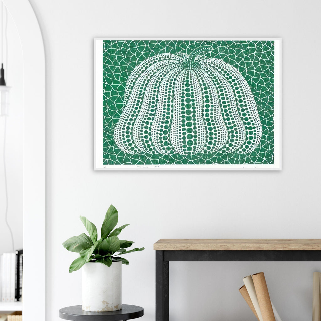 Yayoi Kusama framed print — Pumpkin Green presents Kusama’s familiar pumpkin through an explicitly green variation