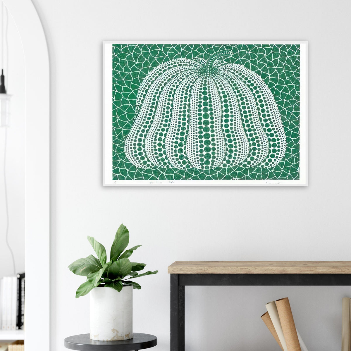 Yayoi Kusama framed print — Pumpkin Green presents Kusama’s familiar pumpkin through an explicitly green variation
