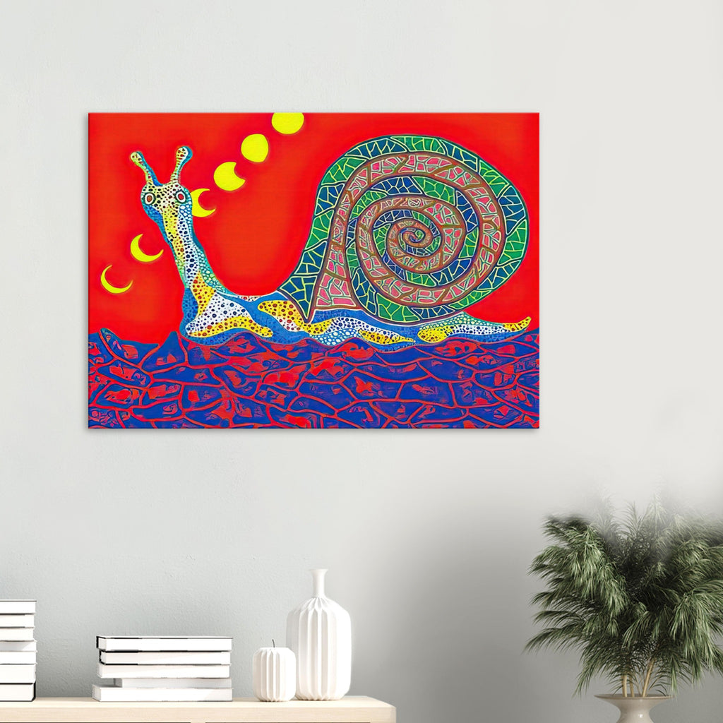 Yayoi Kusama canvas print — Snail takes a slow-moving creature and makes its spiral shell and delicate movement the center of attention