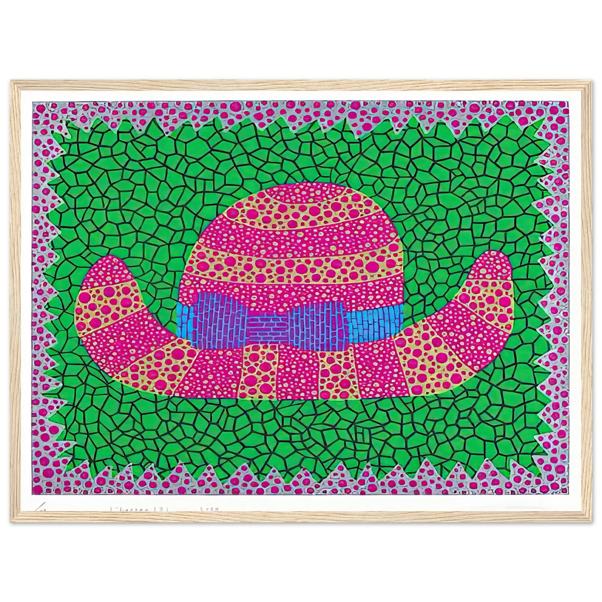 Yayoi Kusama framed print — Hat II turns an everyday hat into a subject for playful observation, wood frame, 45x60 cm / 18x24″