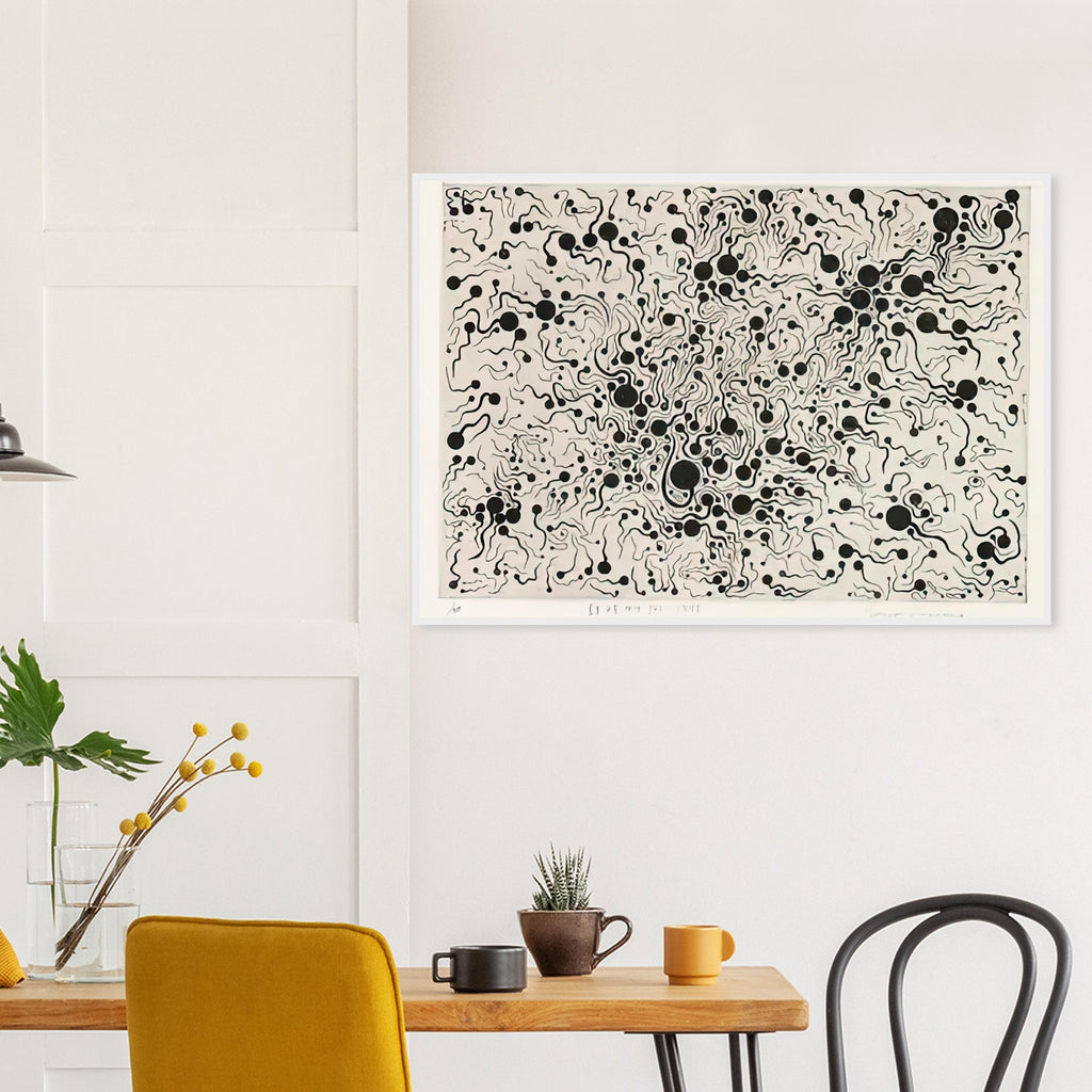 Yayoi Kusama framed print — River at Sunrise brings a moment of natural transition into Kusama’s printmaking imagery