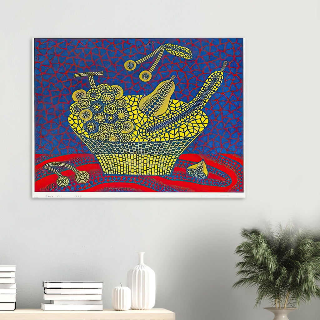 Yayoi Kusama poster — Fruit Basket (1) by Yayoi Kusama explores one of the artist’s recurring subjects: the abundance of ordinary fruit