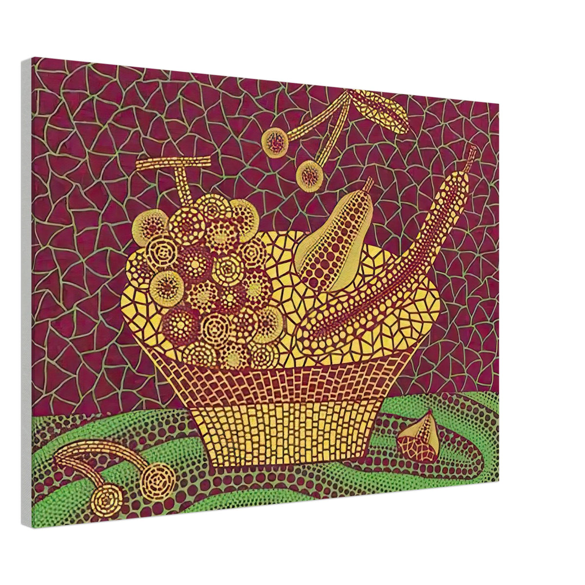 Yayoi Kusama canvas print — Fruit Basket (3) by Yayoi Kusama explores one of the artist’s recurring subjects: the abundance of ordinary fruit, 50x70 cm / 20x28″