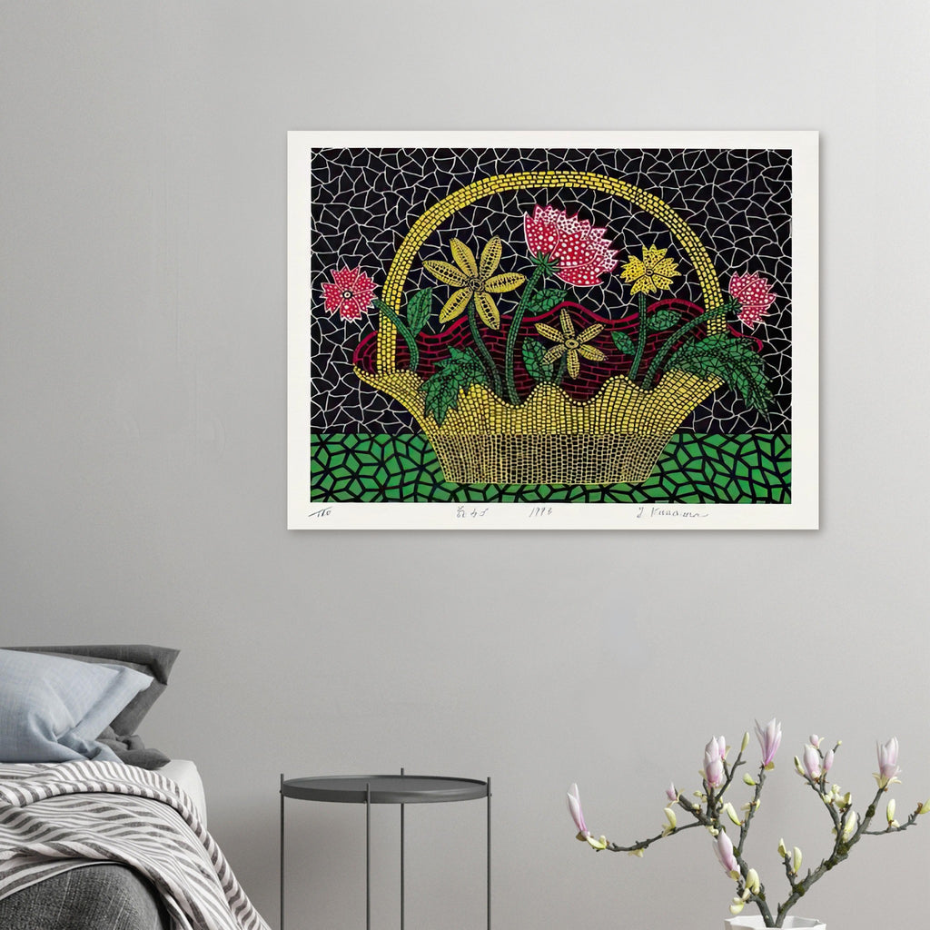 Yayoi Kusama poster — Flower Basket brings a traditional still-life arrangement into Kusama’s unmistakably decorative, pattern-driven world