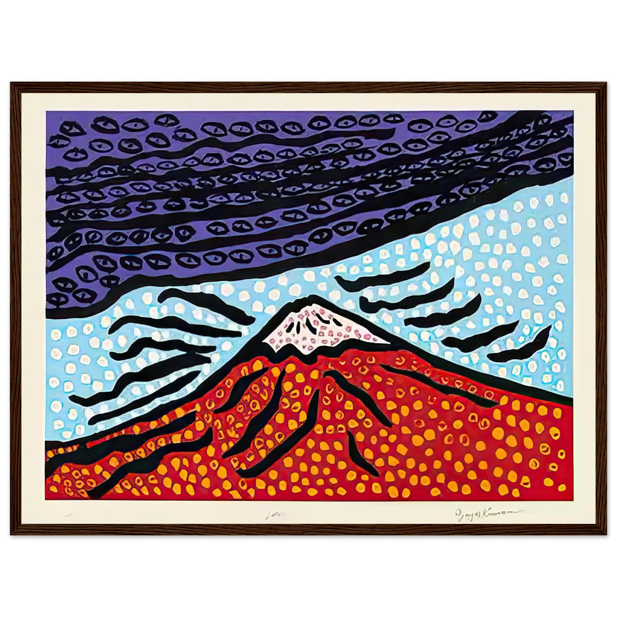 Yayoi Kusama framed print — Mt. Fuji Is the Home of My Heart presents Japan’s most recognizable mountain as a subject of personal belonging rather than simple, dark wood frame, 45x60 cm / 18x24″