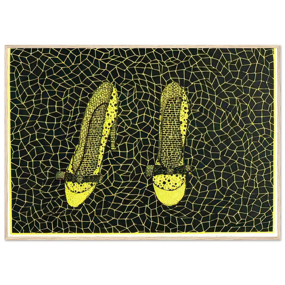 Yayoi Kusama framed print — Shoes (3) turns a footwear object into an image about shape, balance and individuality, wood frame, 70x100 cm / 28x40″