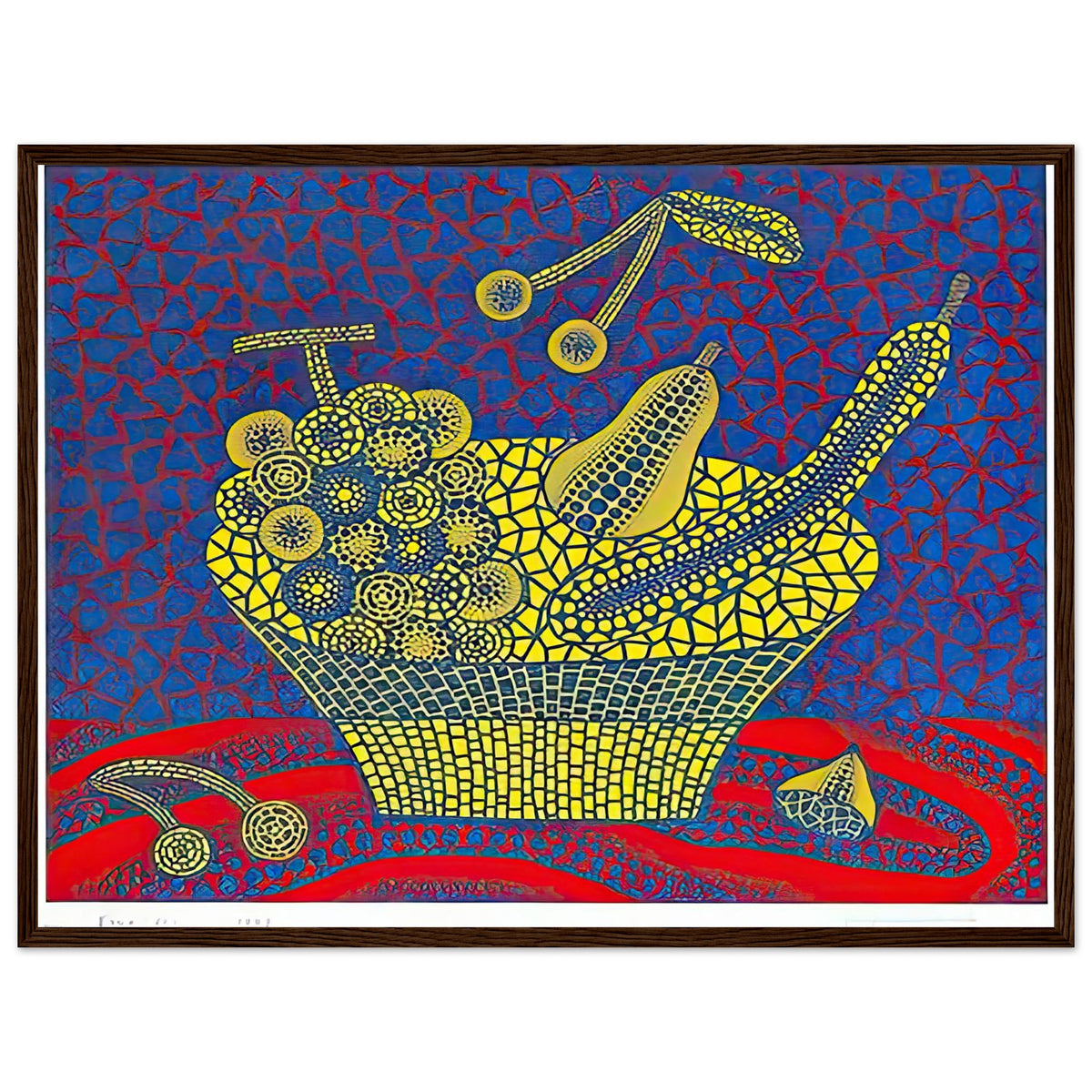 Yayoi Kusama framed print — Fruit Basket (1) by Yayoi Kusama explores one of the artist’s recurring subjects: the abundance of ordinary fruit, dark wood frame, 45x60 cm / 18x24″