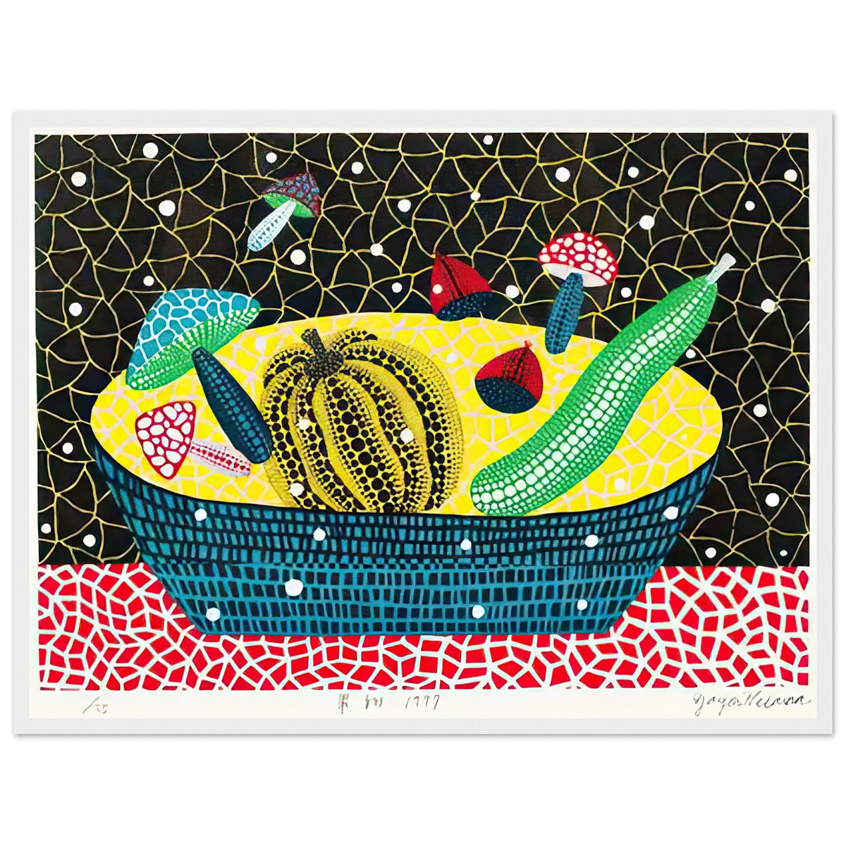 Yayoi Kusama framed print — Fruits (2) turns an arrangement of fruit into a deliberately ornamental still life, white frame, 45x60 cm / 18x24″