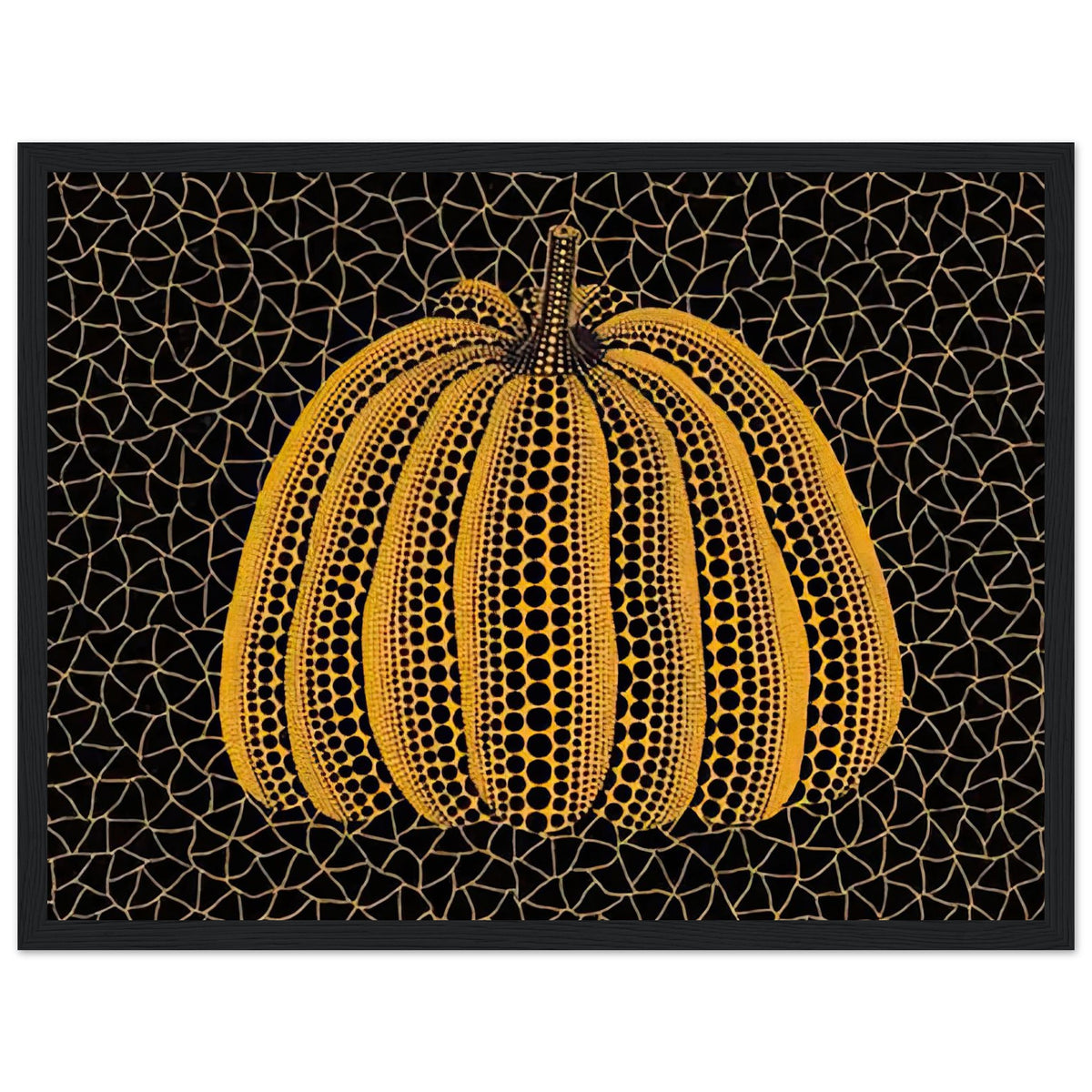 Yayoi Kusama framed print — Pumpkin (YY) [Kusama 231] revisits Kusama’s best-known vegetable through the relationship between its distinctive form and repeating ornament, black frame, 30x40 cm / 12x16″