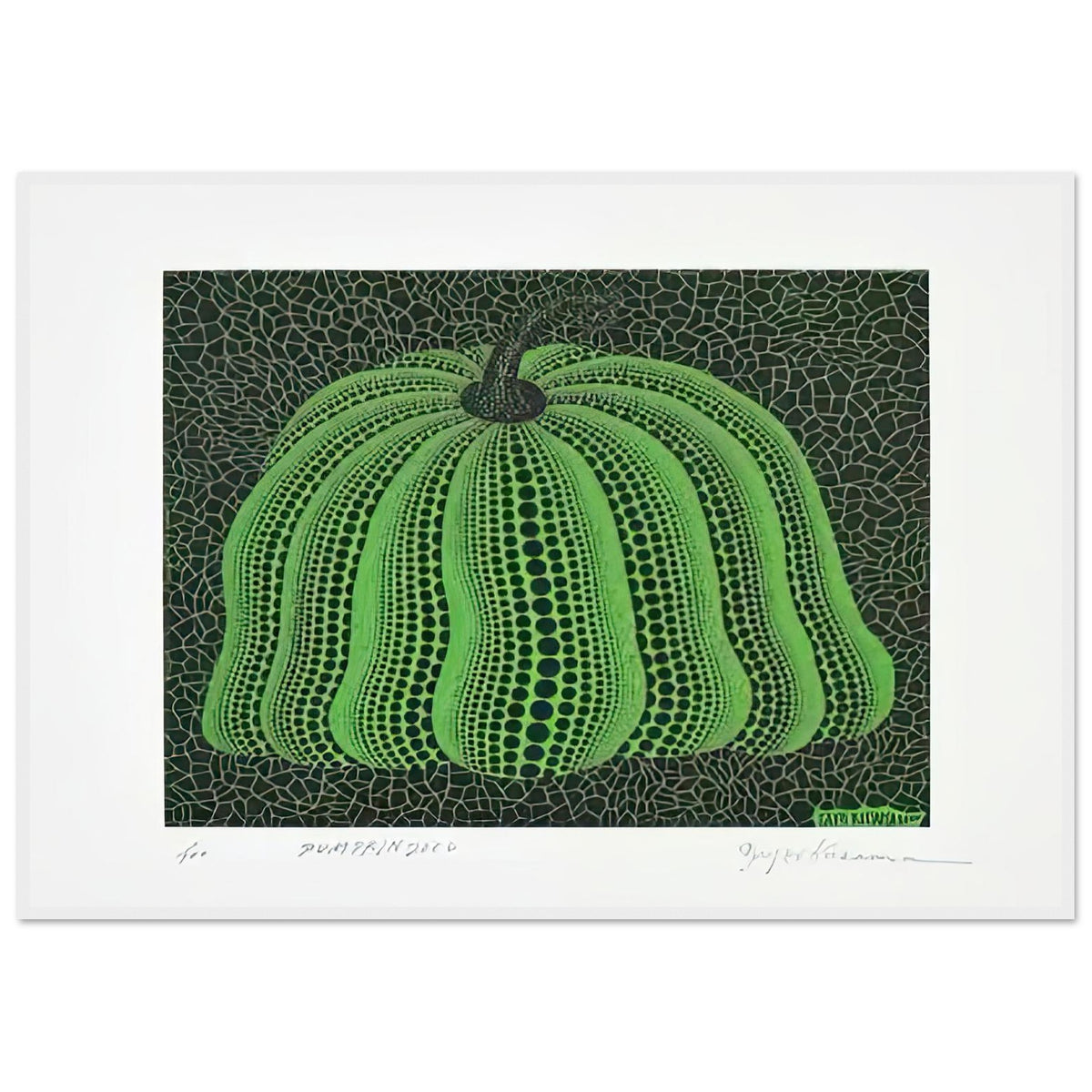 Yayoi Kusama framed print — Pumpkin 2000 (Green) uses a green treatment to reinterpret one of Kusama’s most affectionate subjects