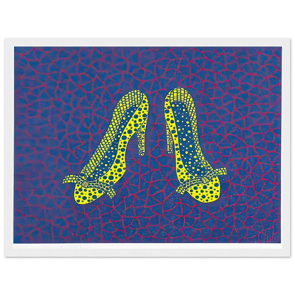 Yayoi Kusama framed print of High Heels (4) — high Heels (4) makes a fashion accessory the protagonist of a Kusama print. The shoe’s recognizable sculptural profile becomes an invitation to think about style, performance and the surprising visual life, white frame, 30x40 cm / 12x16″
