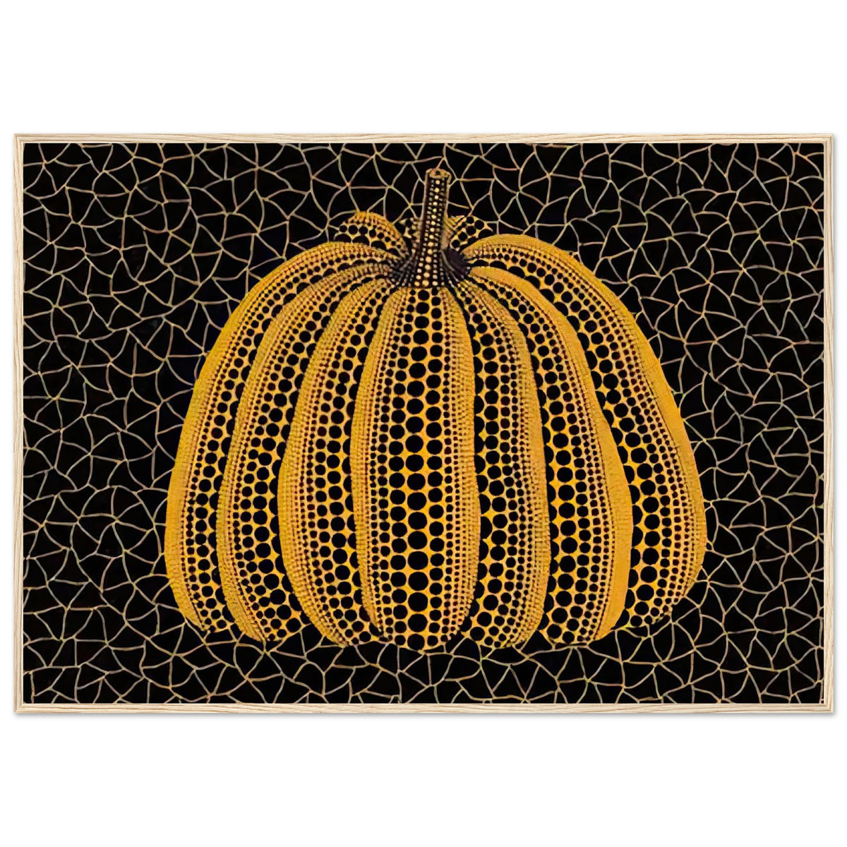 Yayoi Kusama framed print — Pumpkin (YY) [Kusama 231] revisits Kusama’s best-known vegetable through the relationship between its distinctive form and repeating ornament, wood frame, 70x100 cm / 28x40″