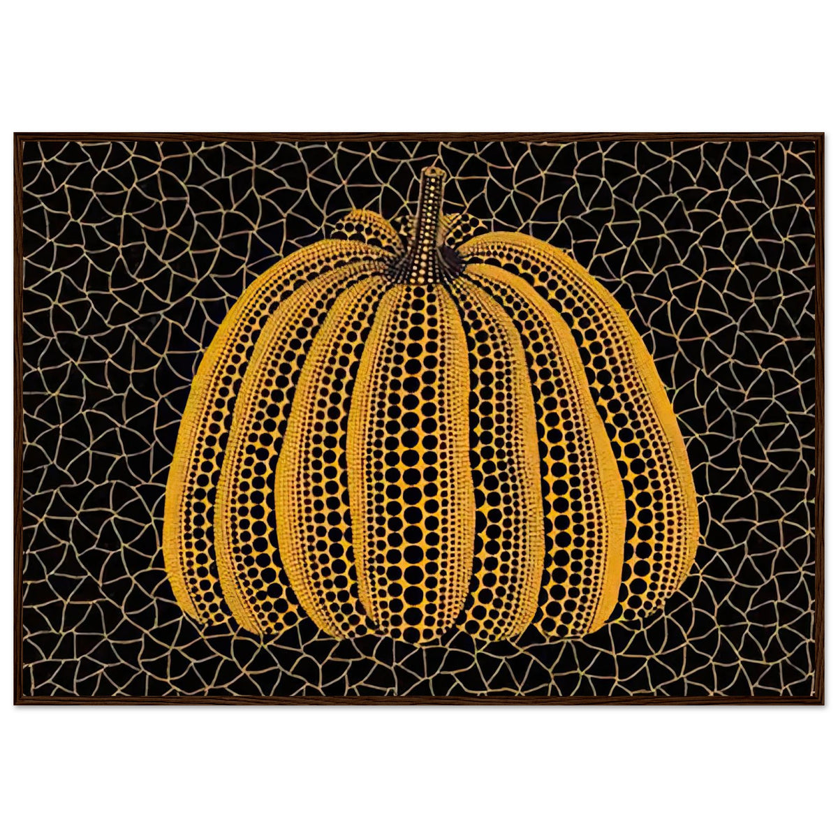 Yayoi Kusama framed print — Pumpkin (YY) [Kusama 231] revisits Kusama’s best-known vegetable through the relationship between its distinctive form and repeating ornament, dark wood frame, 70x100 cm / 28x40″