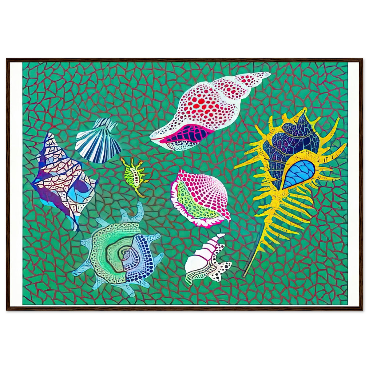 Yayoi Kusama framed print — Shells draws attention to small natural objects whose curved structures and repeating ridges are already pattern-like, dark wood frame, 70x100 cm / 28x40″