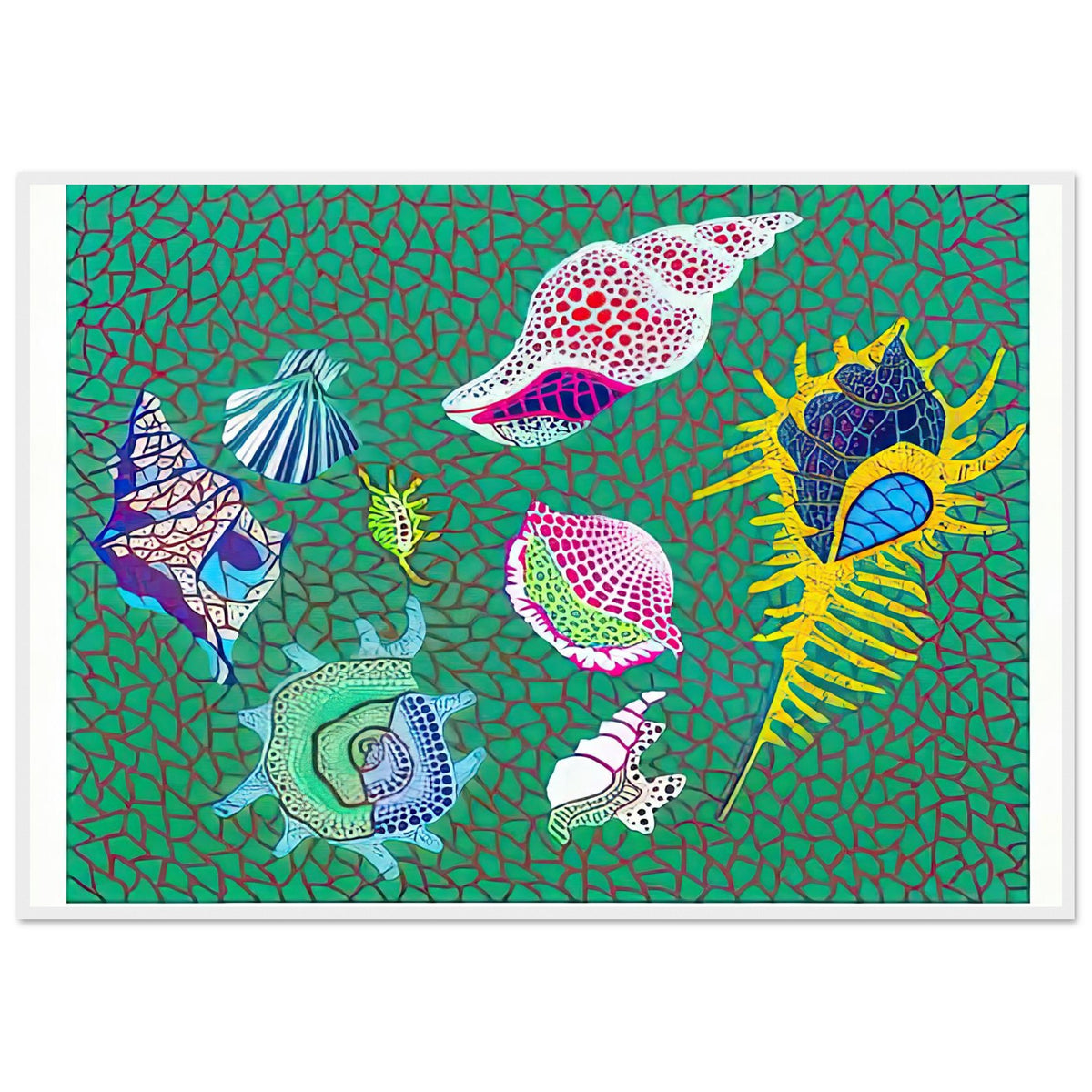 Yayoi Kusama framed print — Shells draws attention to small natural objects whose curved structures and repeating ridges are already pattern-like, white frame, 70x100 cm / 28x40″