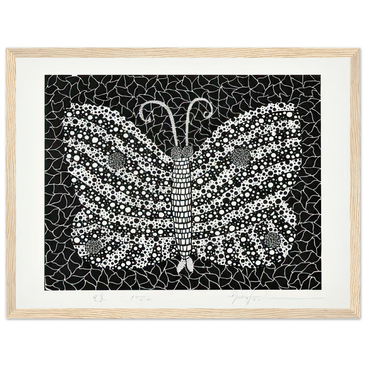Yayoi Kusama framed print — Butterfly [Kusama 18] by Yayoi Kusama takes the lightness of a butterfly and gives it graphic intensity through pattern, wood frame, 30x40 cm / 12x16″