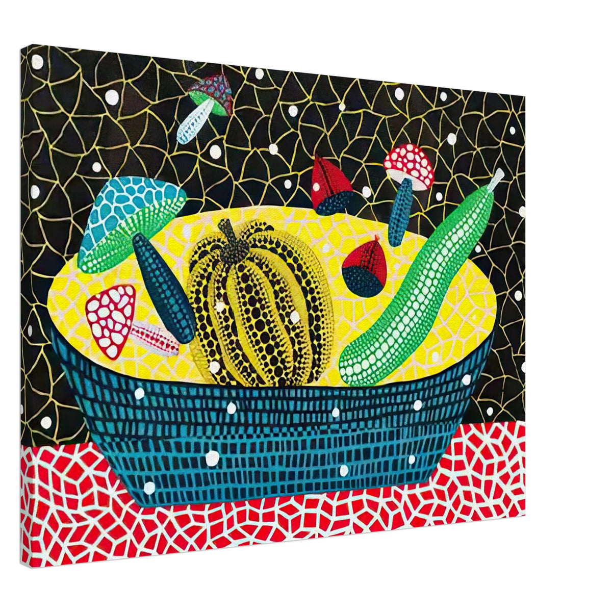 Yayoi Kusama canvas print — Fruits (2) turns an arrangement of fruit into a deliberately ornamental still life, 60x80 cm / 24x32″