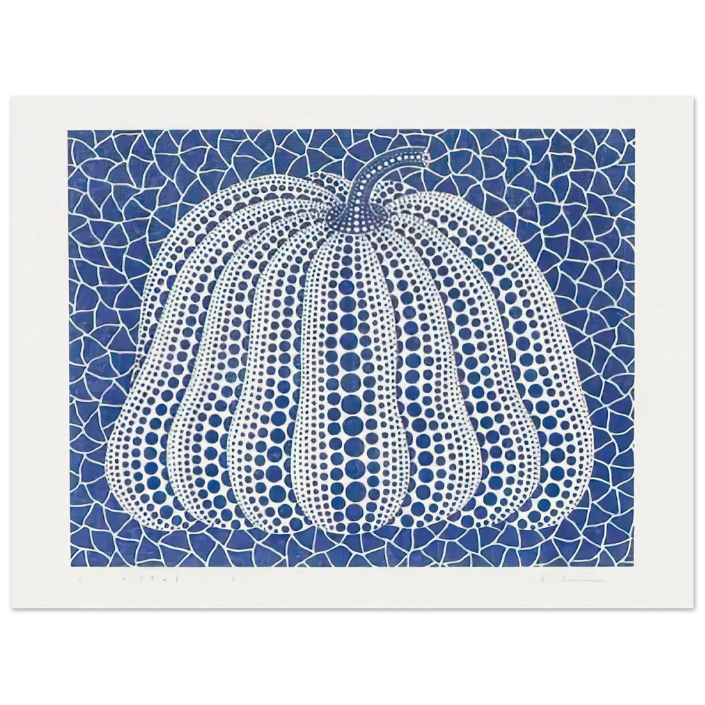 Yayoi Kusama poster — Pumpkin (Blue, Version 2) presents Kusama’s familiar pumpkin through an explicitly blue variation, 15x20 cm / 6x8″