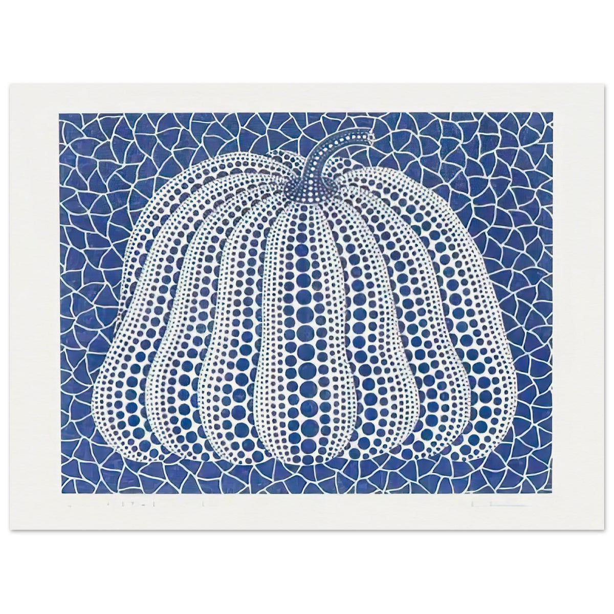 Yayoi Kusama poster — Pumpkin (Blue, Version 2) presents Kusama’s familiar pumpkin through an explicitly blue variation, 15x20 cm / 6x8″