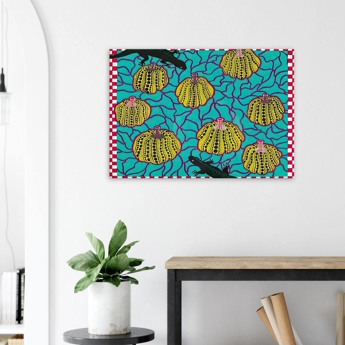 Yayoi Kusama canvas print — Black Lizards introduces a less familiar animal motif into Kusama’s vocabulary of living creatures and repeating patterns