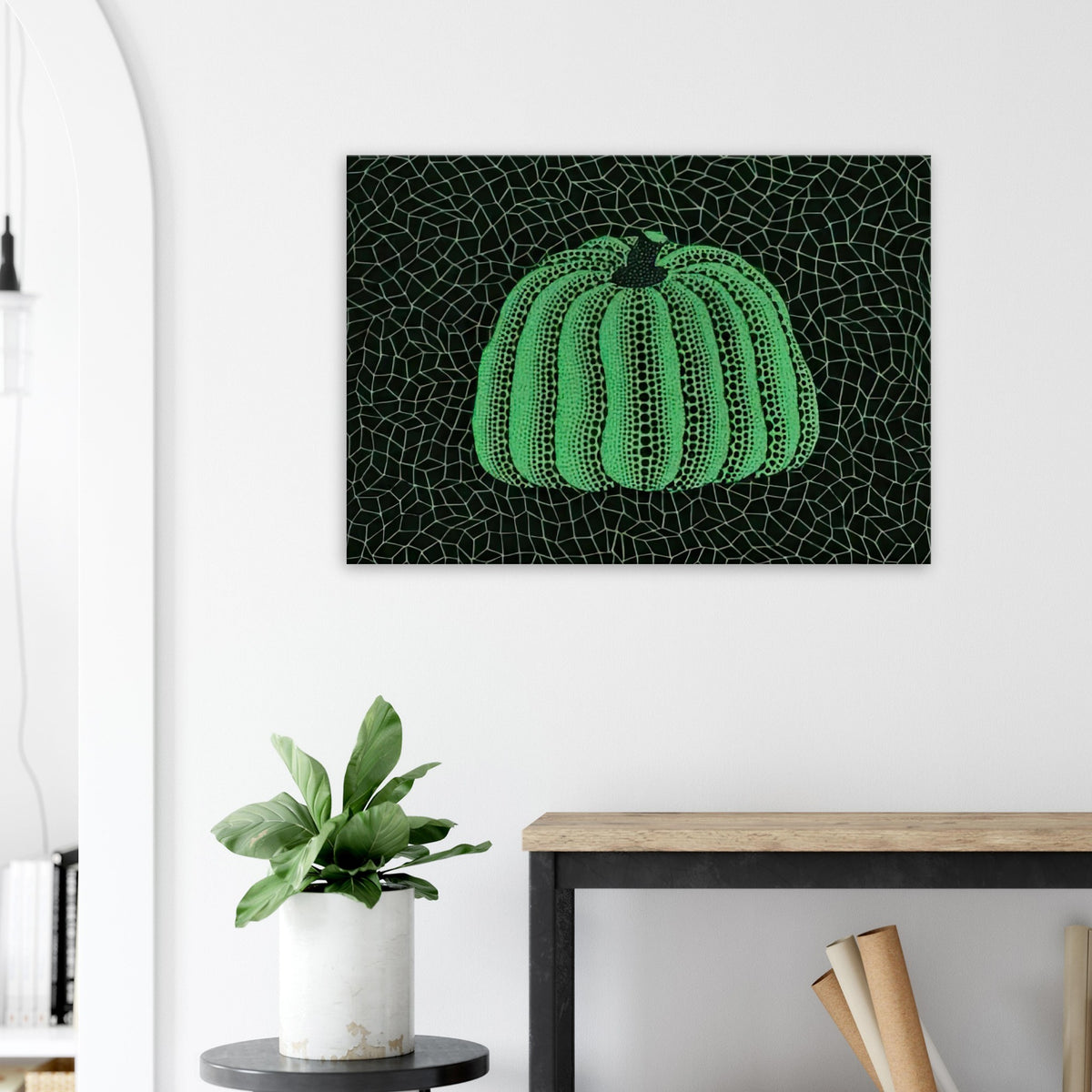 Yayoi Kusama canvas print — Pumpkin (Green, Version 2) presents Kusama’s familiar pumpkin through an explicitly green variation