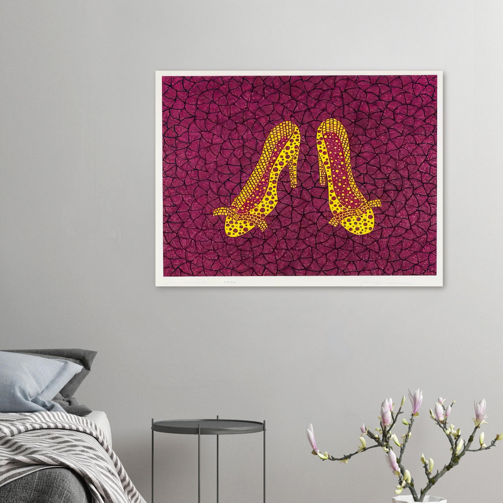 Yayoi Kusama poster — High Heels (2) makes a fashion accessory the protagonist of a Kusama print
