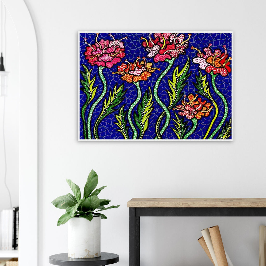 Yayoi Kusama framed print — Summer Flowers brings a seasonal specificity to Kusama’s botanical imagery, suggesting a moment of warmth and vigorous bloom