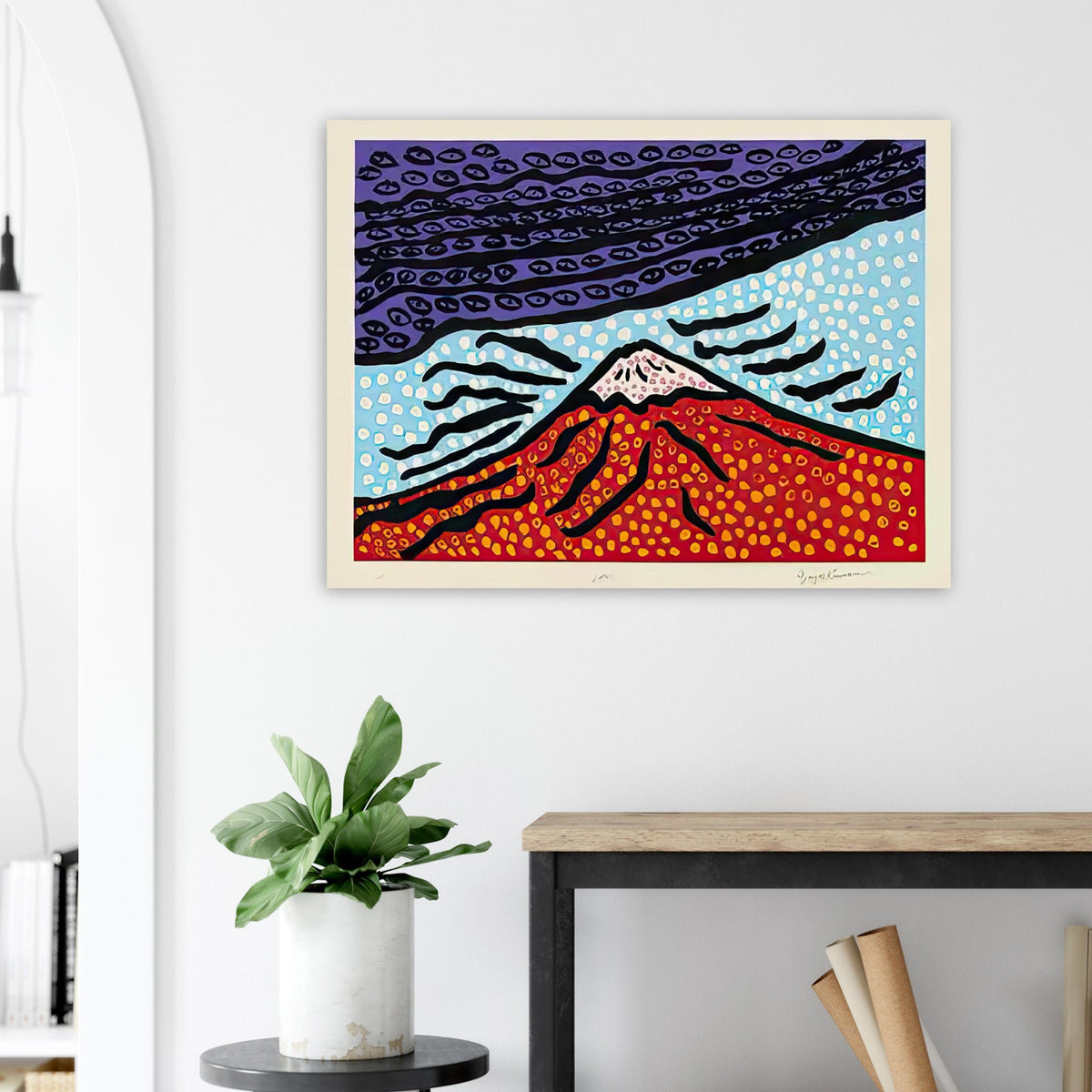 Yayoi Kusama poster — Mt. Fuji Is the Home of My Heart presents Japan’s most recognizable mountain as a subject of personal belonging rather than simple