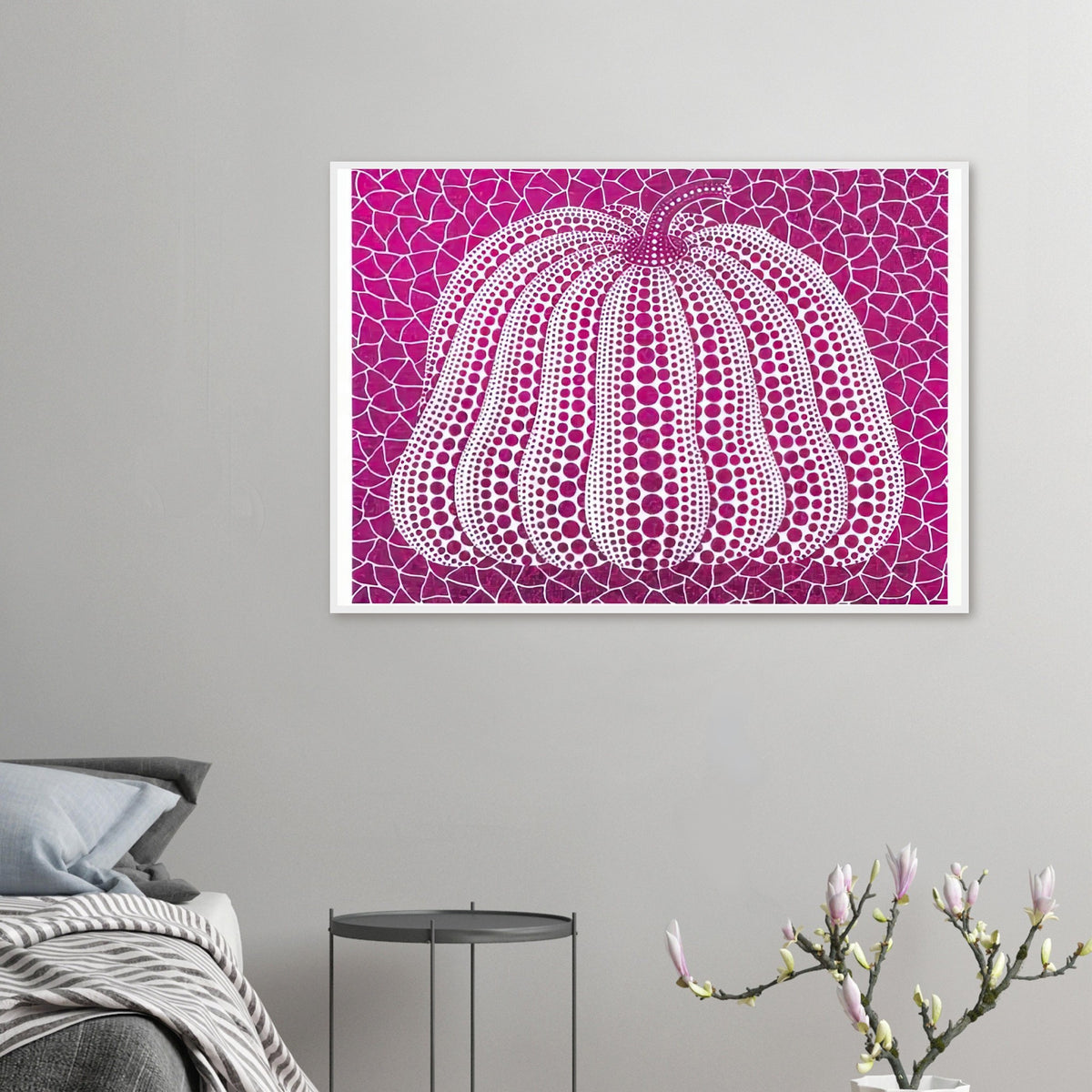 Yayoi Kusama framed print of Pumpkin Purple — pumpkin Purple presents Kusama’s familiar pumpkin through an explicitly purple variation. The simple vegetable becomes a character-like artistic presence when its rounded form is combined with repeated marks