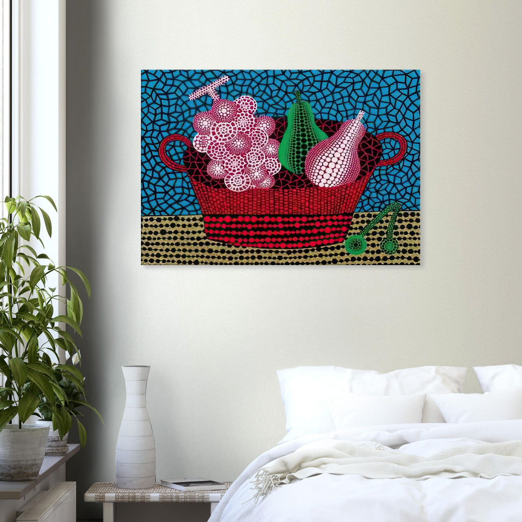 Yayoi Kusama canvas print — Panier de Fruits II from Amour pour Toujours turns a basket of fruit into a lively decorative still life