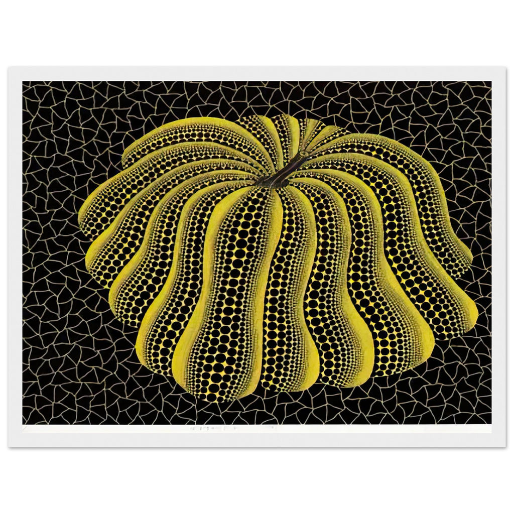 Yayoi Kusama framed print — Napping Pumpkin gives the artist’s beloved gourd a gently humorous, almost human personality, white frame, 30x40 cm / 12x16″