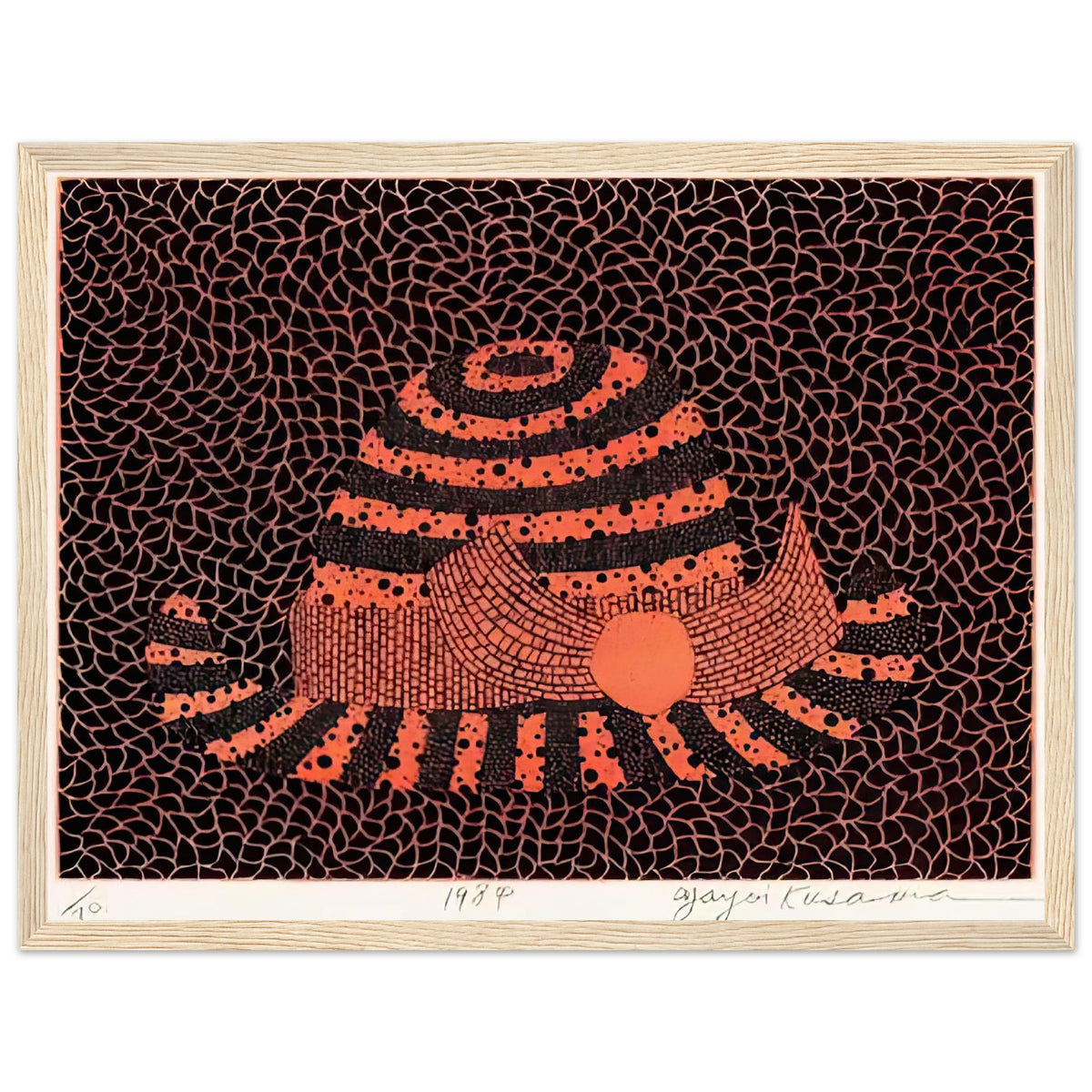 Yayoi Kusama framed print — Hat (2) turns an everyday hat into a subject for playful observation, wood frame, 30x40 cm / 12x16″