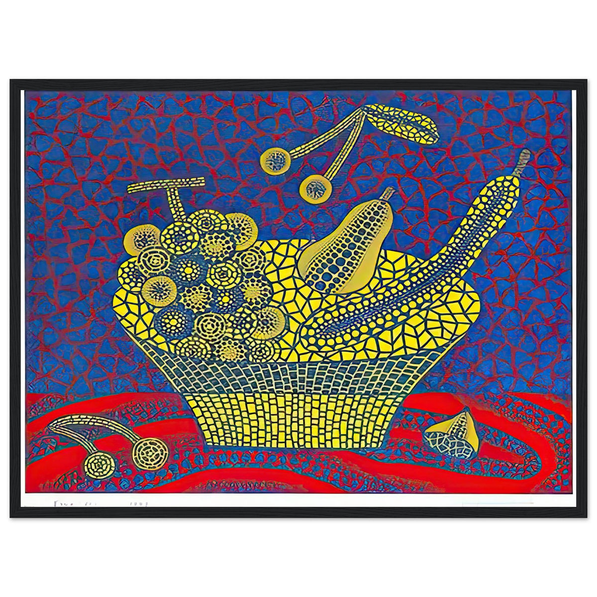 Yayoi Kusama framed print — Fruit Basket (1) by Yayoi Kusama explores one of the artist’s recurring subjects: the abundance of ordinary fruit, black frame, 45x60 cm / 18x24″