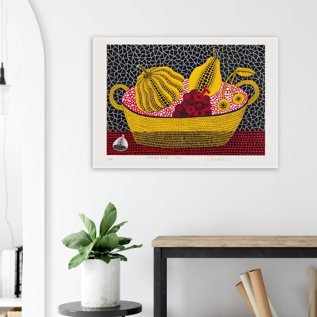 Yayoi Kusama framed print — Pumpkin and Fruits brings a dotted pumpkin into a richly populated still life rather than isolating the gourd on its own