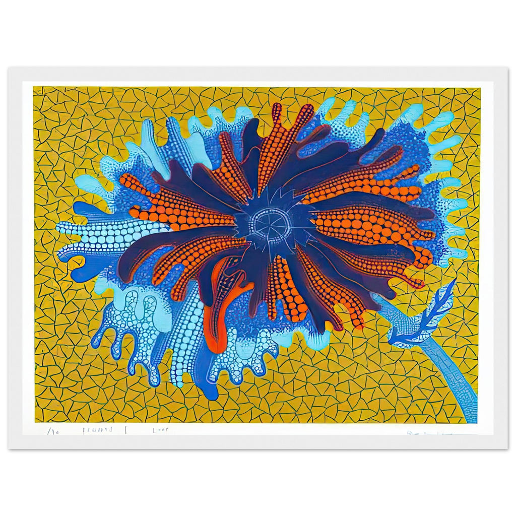 Yayoi Kusama framed print — Flower (B) treats a single flowering motif as a complete visual world, white frame, 30x40 cm / 12x16″