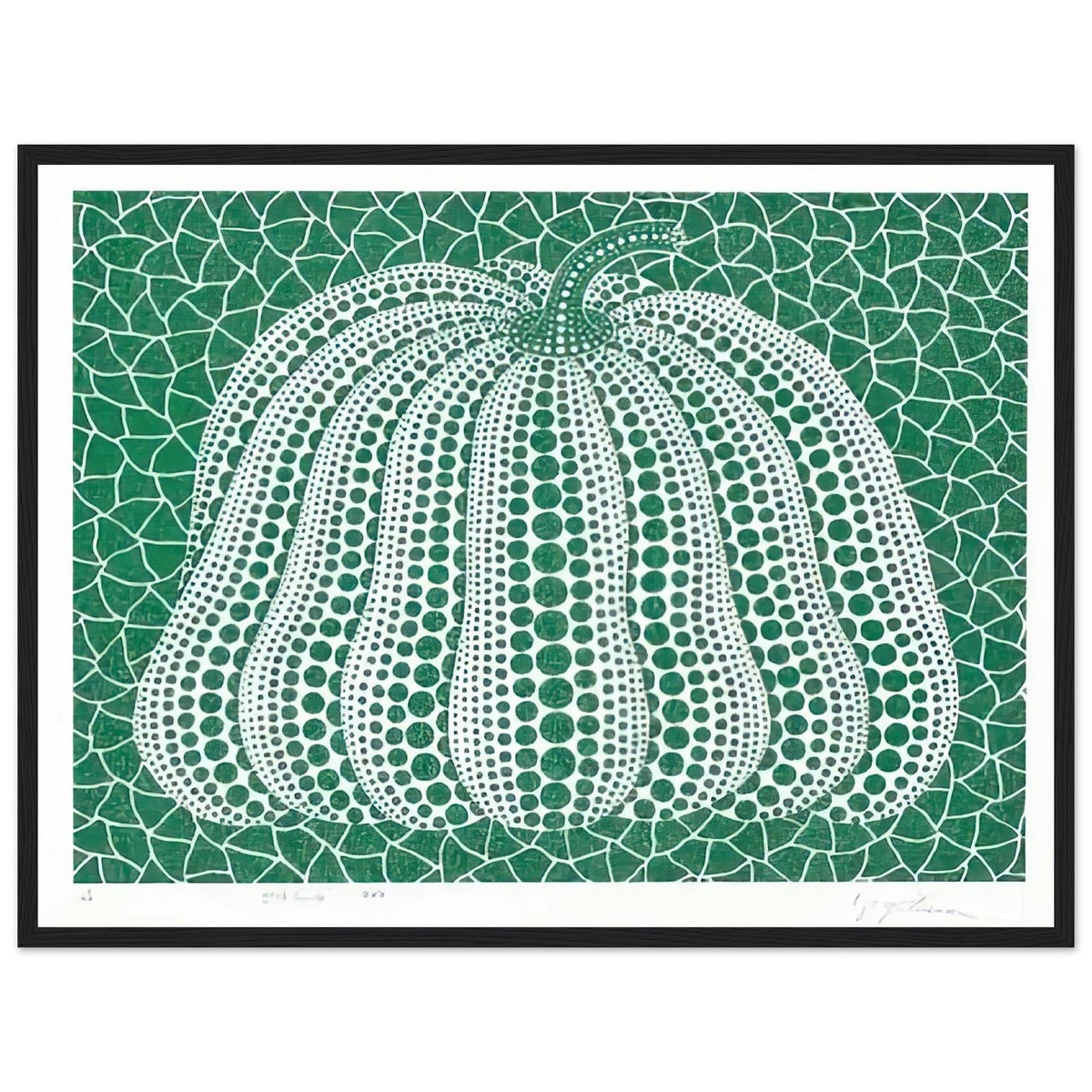 Yayoi Kusama framed print — Pumpkin Green presents Kusama’s familiar pumpkin through an explicitly green variation, black frame, 45x60 cm / 18x24″